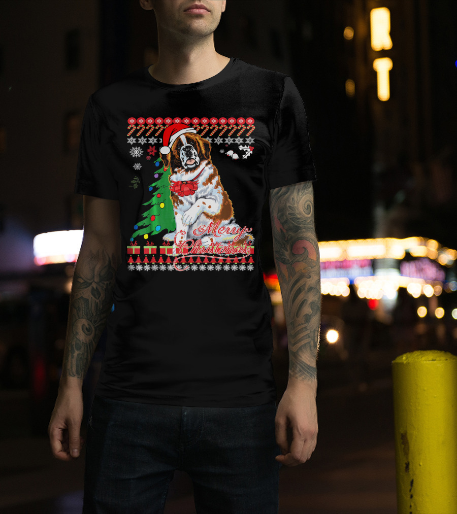Merry Christmas Saint Bernard Dog Ugly Christmas T-Shirt