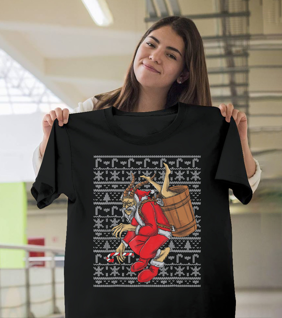 Krampus Ugly Christmas Sweater-Style Santa with Barrel and Candy Cane T-Shirt