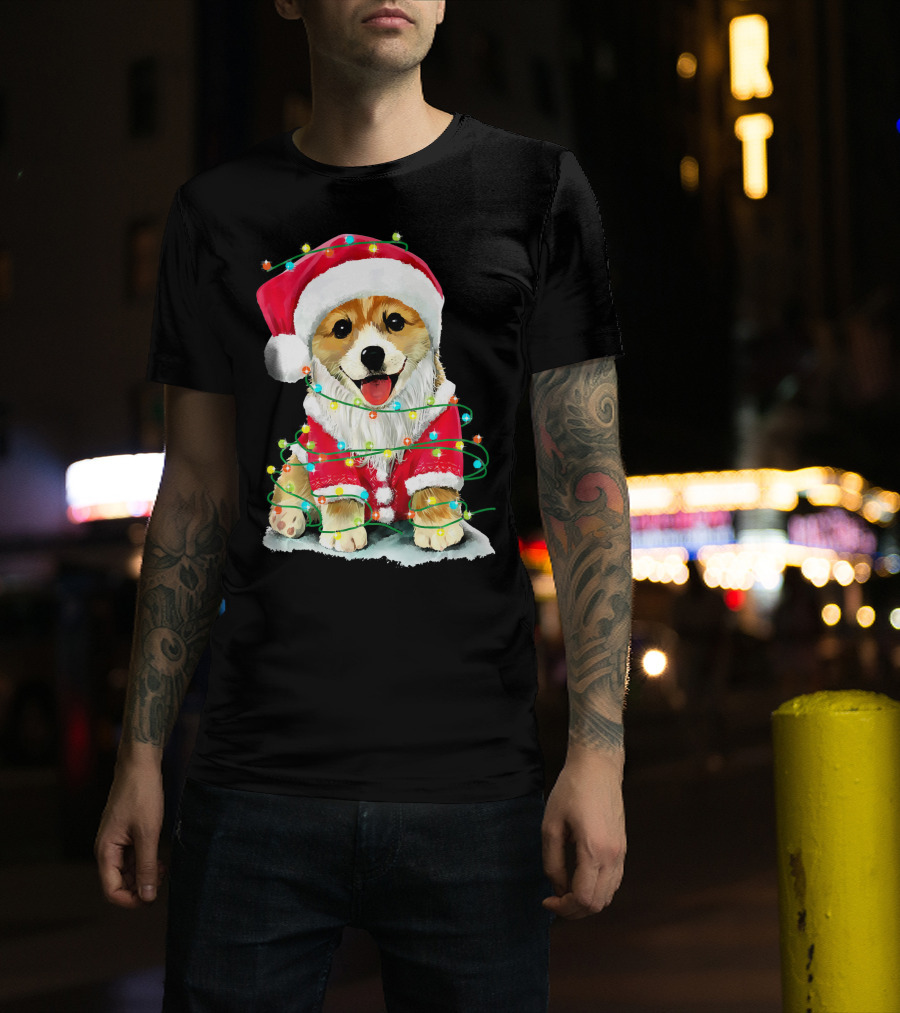 Festive Christmas Corgi Santa With Holiday Lights Corgmas San T-Shirt