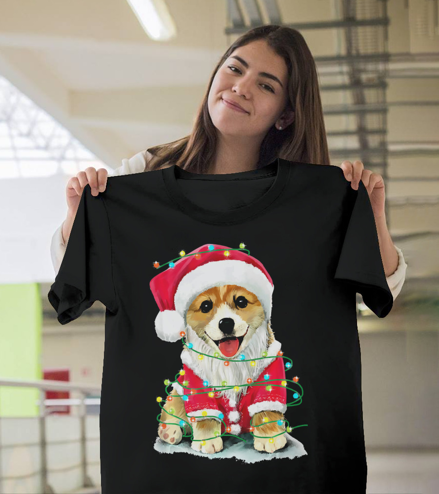 Festive Christmas Corgi Santa with Holiday Lights Corgmas San T-Shirt