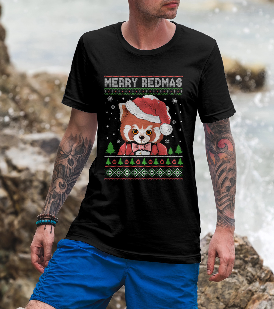 Merry Redmas Raccoon With Santa Hat And Festive T-Shirt