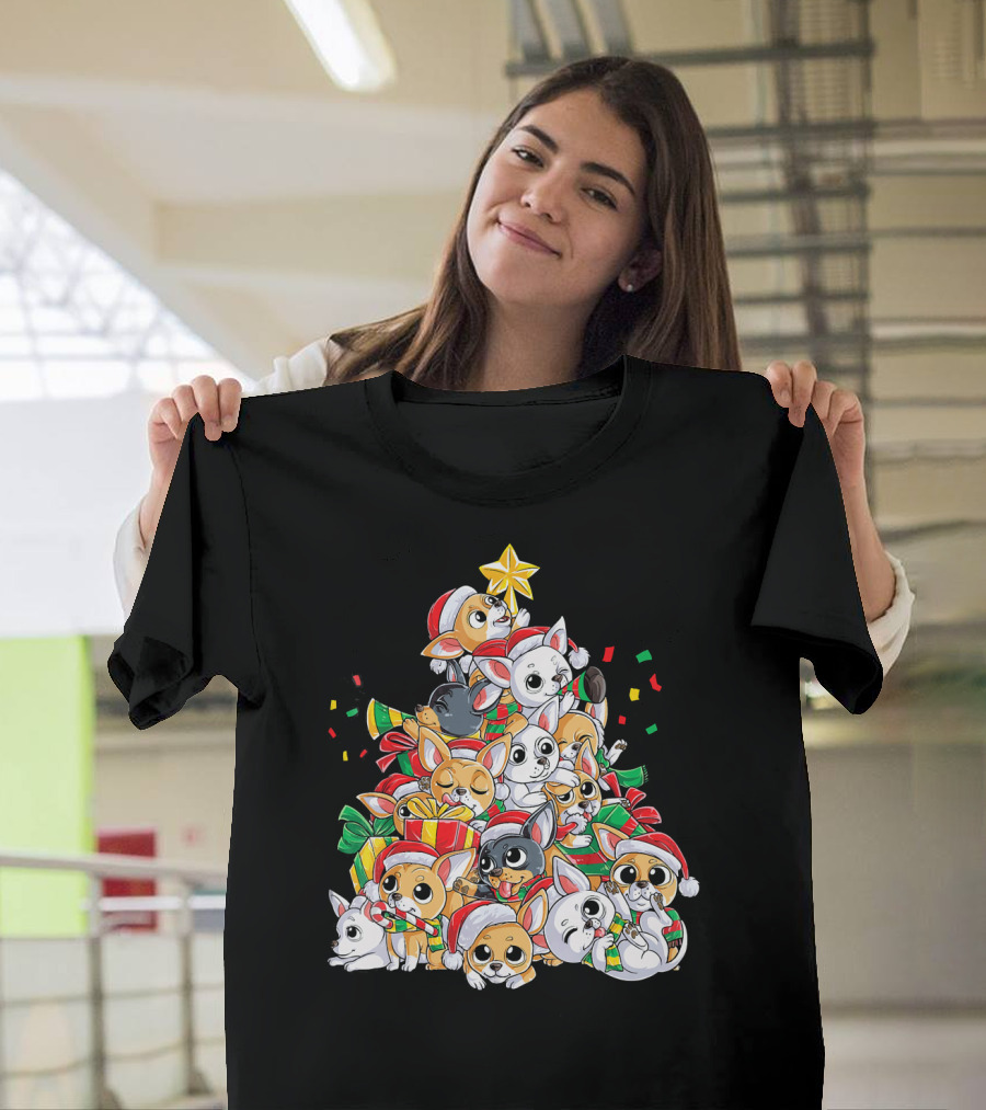 Chihuahua Christmas Tree Festive Dogs with Santa Hats and Presents T-Shirt
