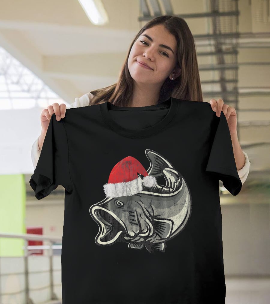 Christmas Bass With Santa Hat T-Shirt