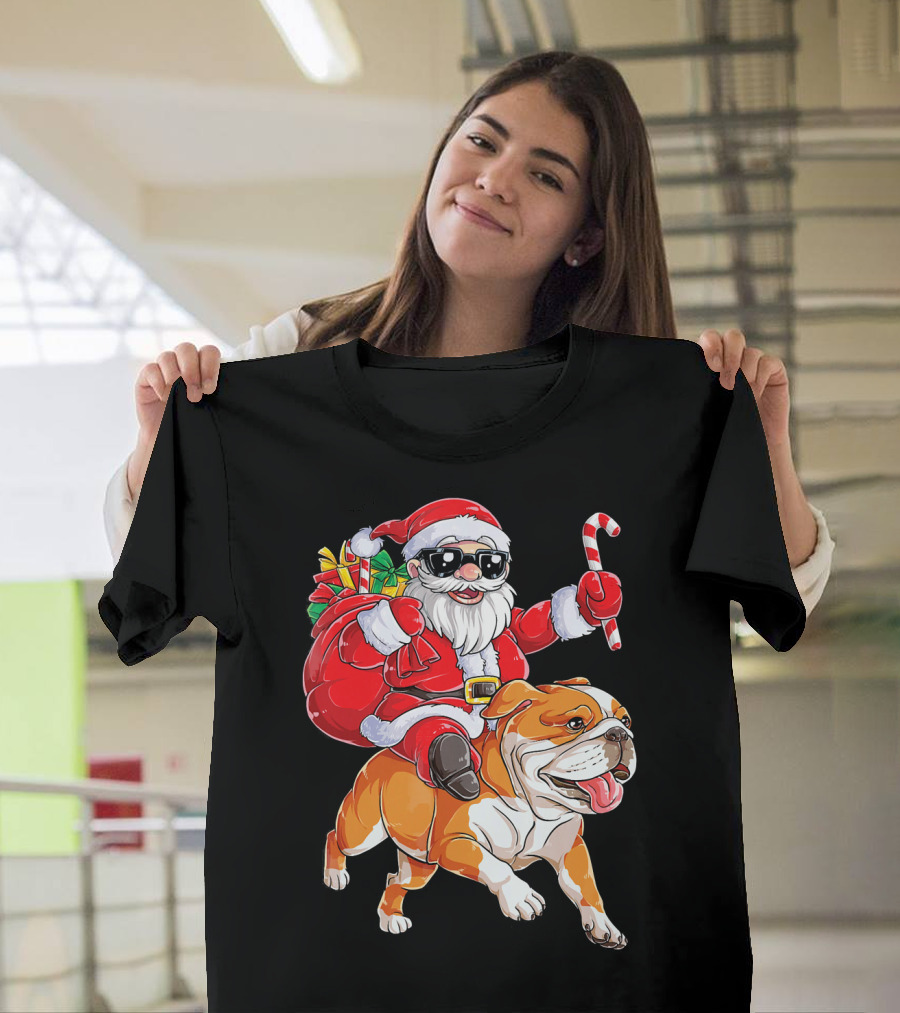 Santa Riding English Bulldog Christmas College Holiday T-Shirt