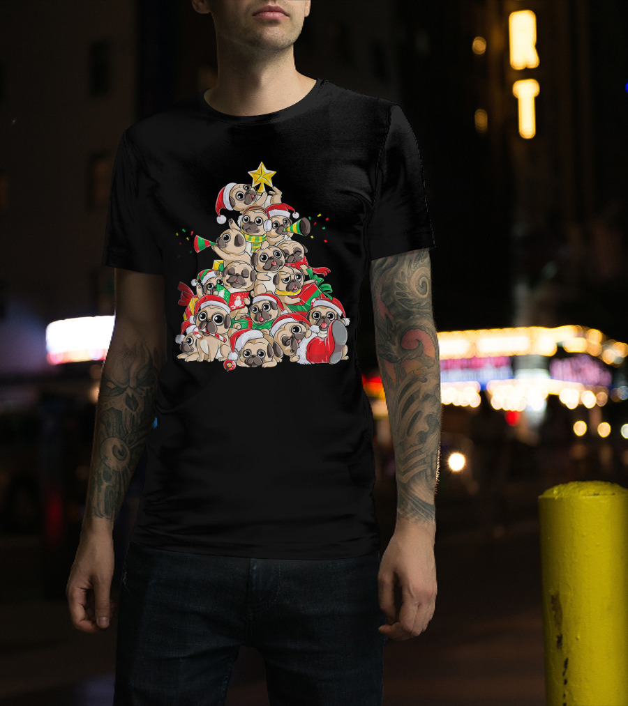 Merry Pugmas Christmas Tree With Pugs In Santa Hats T-Shirt