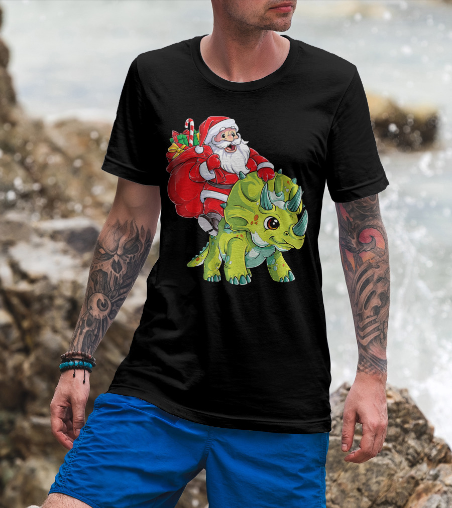 Santa Riding Triceratops Dinosaur Christmas Boys Santa Tric T-Shirt