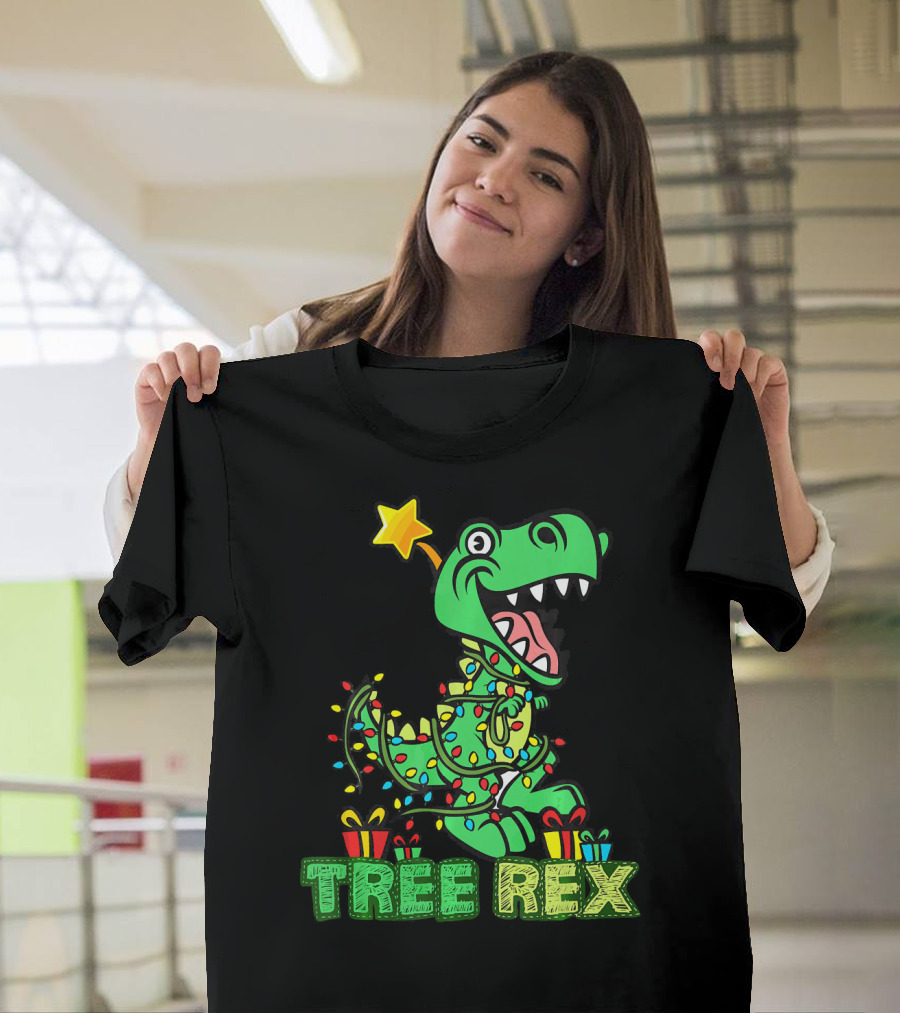 Tree Rex Dinosaur Wrapped In Christmas Lights With Presents And Star T-Shirt