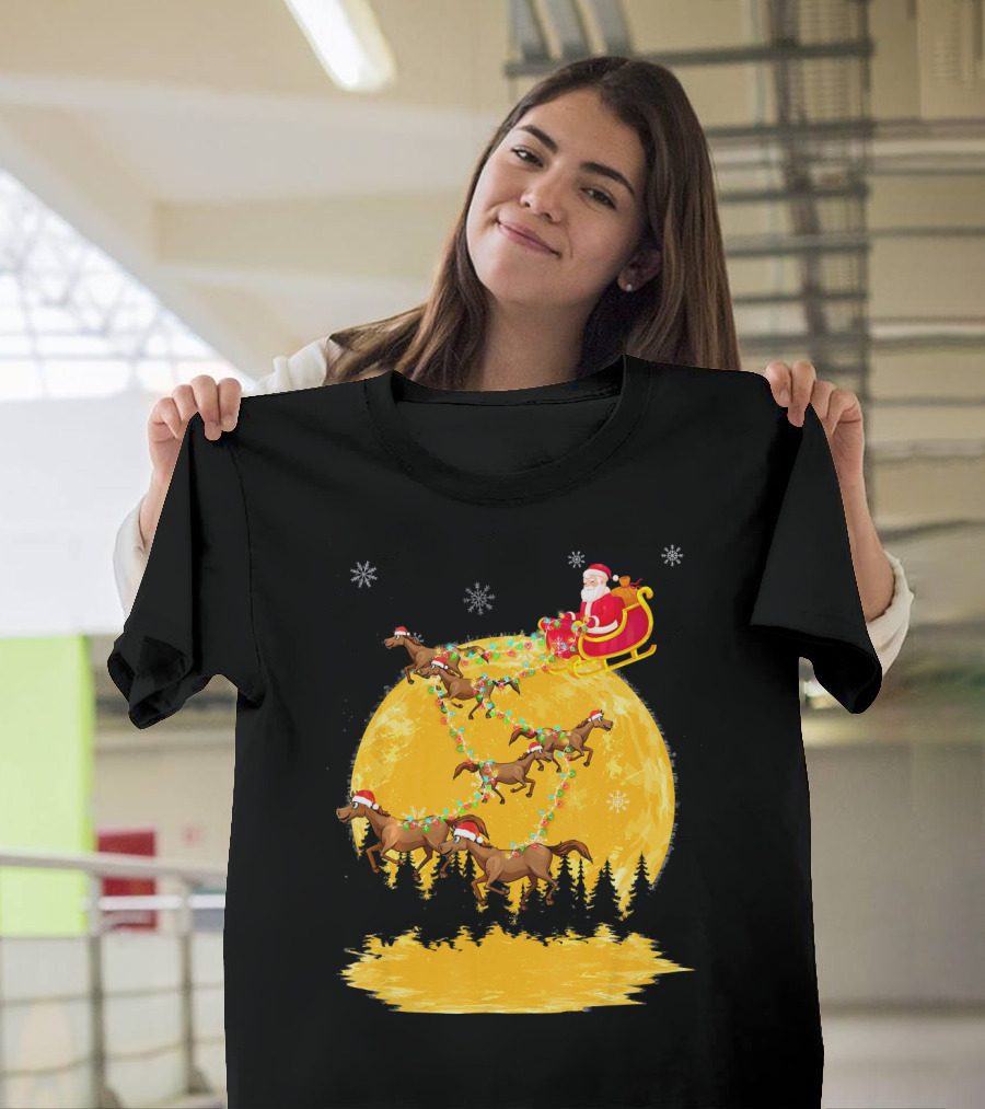Santa Claus on Sleigh with Horses and Christmas Moon T-Shirt