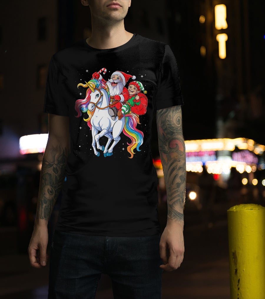Santa And Elf Riding Rainbow Unicorn Christmas Magic T-Shirt