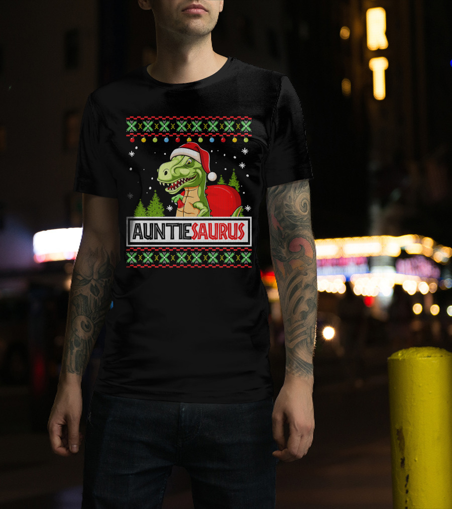 Auntiesaurus Funny Auntie Dinosaur Christmas Sweater T-Rex Santa Hat T-Shirt