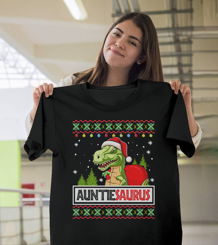 Auntiesaurus Funny Auntie Dinosaur Christmas Sweater T-Rex Santa Hat T-Shirt