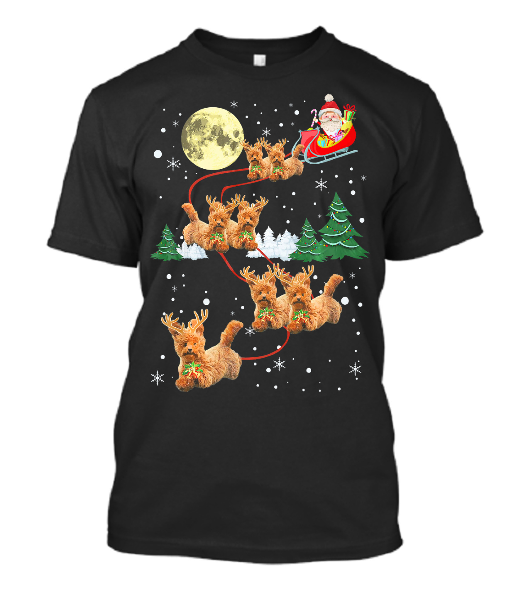 Funny Reindeer Dogs With Santa Sleigh Under Full Moon T-Shirt