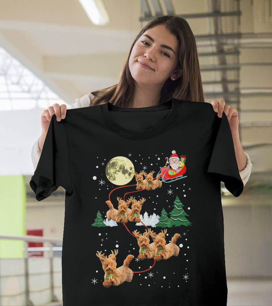 Funny Reindeer Dogs with Santa Sleigh under Full Moon T-Shirt