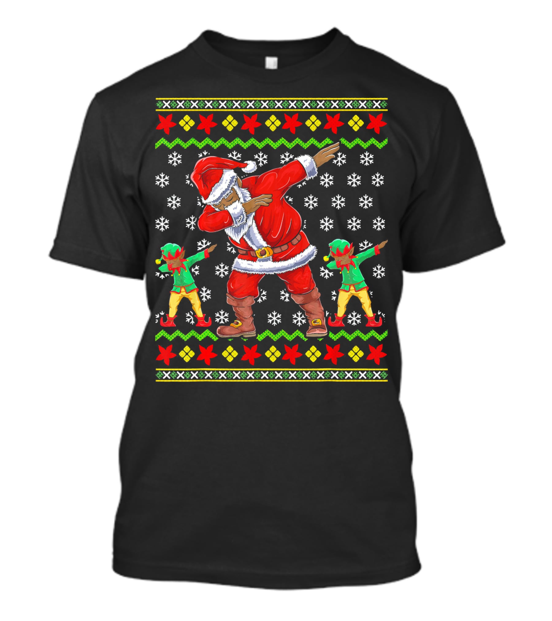 Christmas African American Dabbing Santa With Elves T-Shirt