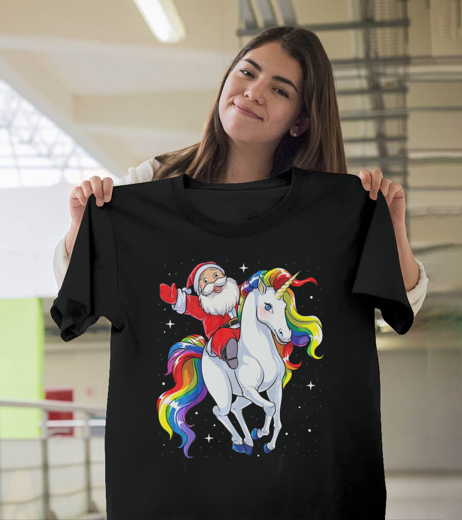 Santa Riding Magical Rainbow Unicorn T-Shirt