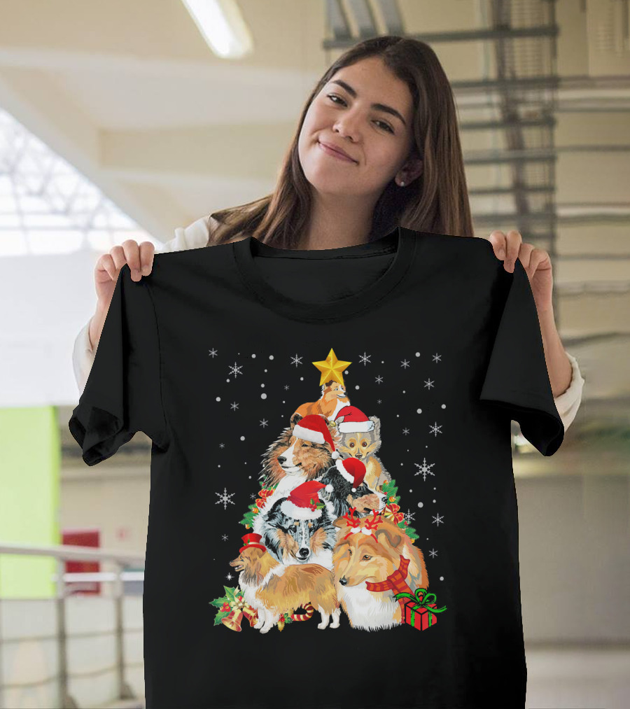 Sheltie Dogs in Santa Hats Forming Christmas Tree with Stars and Gifts T-Shirt