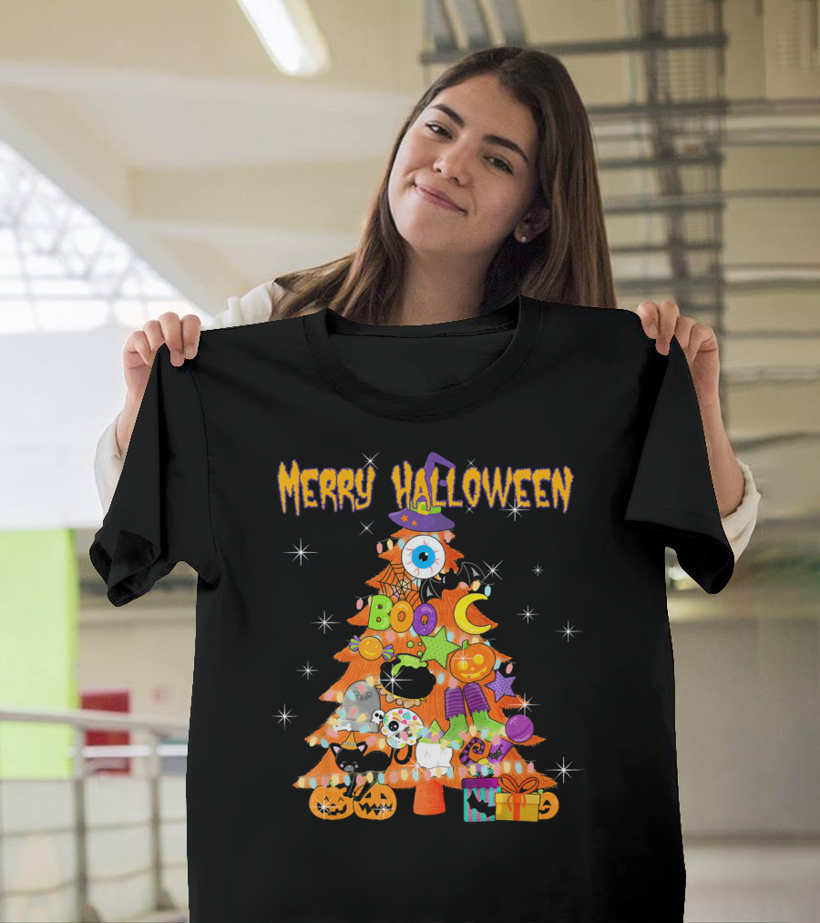 Merry Halloween Tree With Cute Boo Decorations And Spooky Elements T-Shirt