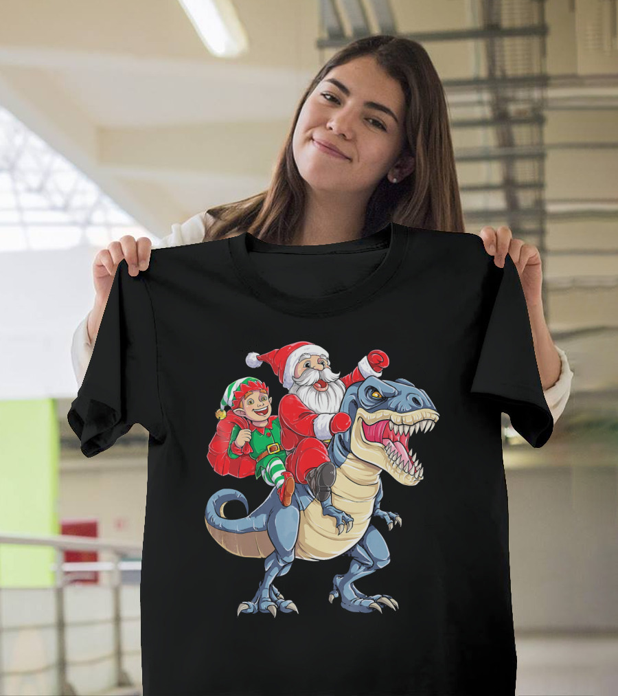 Santa Elf Riding Dinosaur Christmas Boys T-Shirt