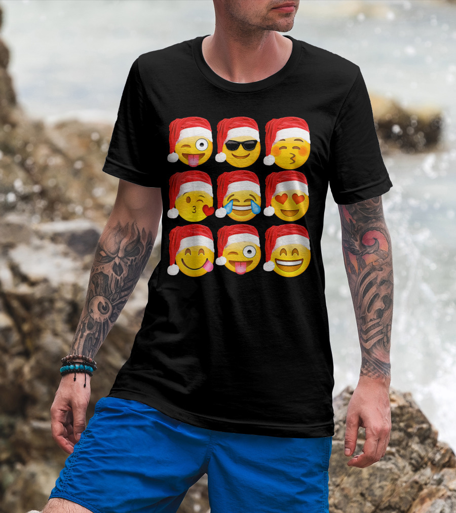 Emoji Christmas Santa Hats Heart Eyes Kiss Faces T-Shirt