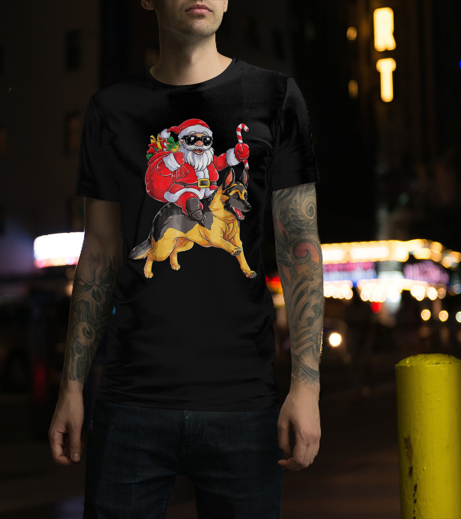 Santa Claus Riding German Shepherd With Candy Cane And Gifts T-Shirt