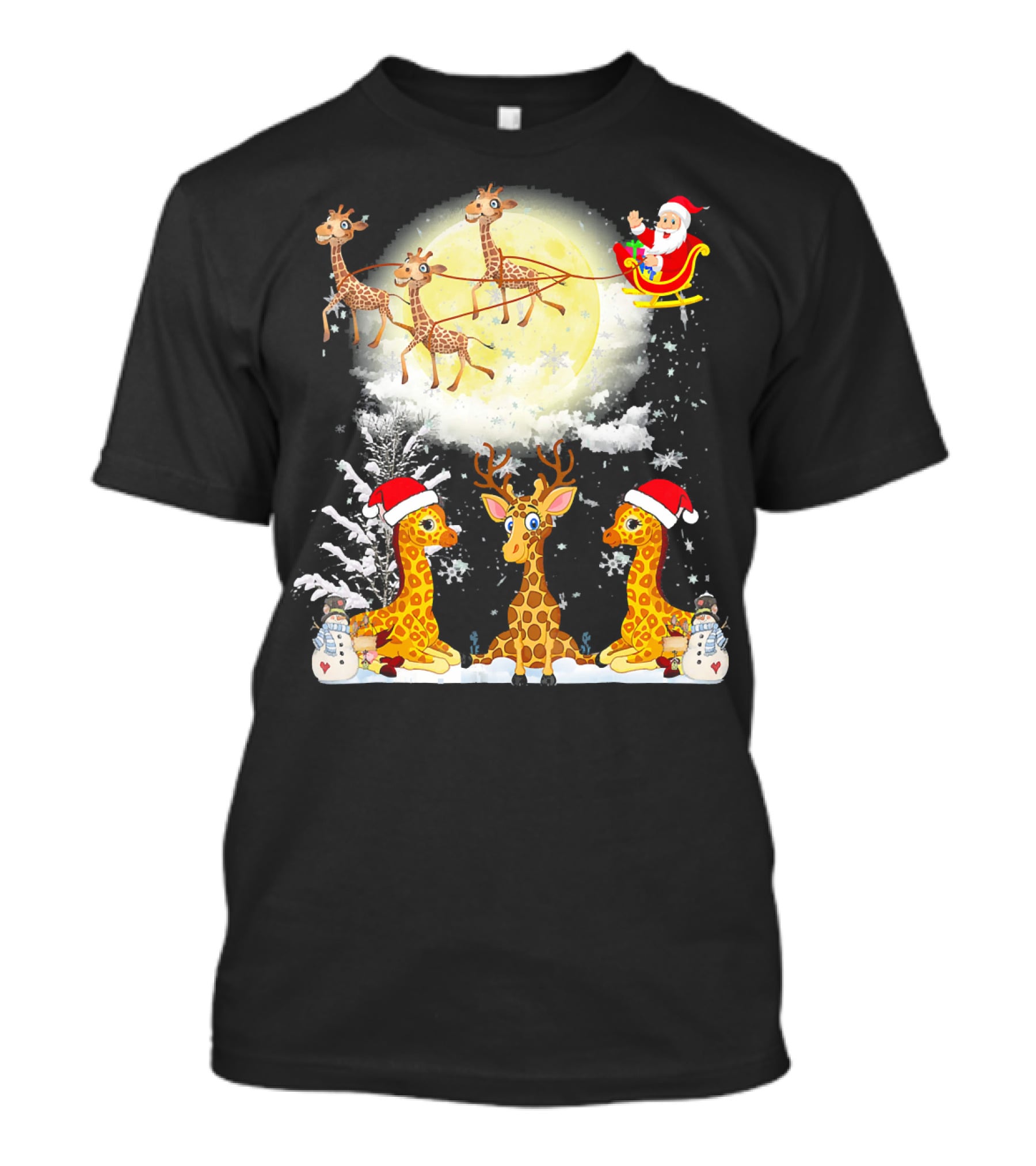 Santa's Sleigh Giraffes Christmas Moon Snowy Night Scene T-Shirt