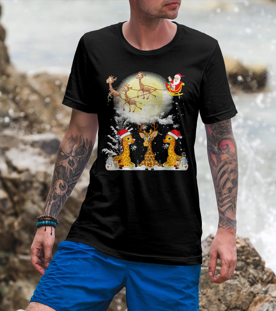 Santa's Sleigh Giraffes Christmas Moon Snowy Night Scene T-Shirt
