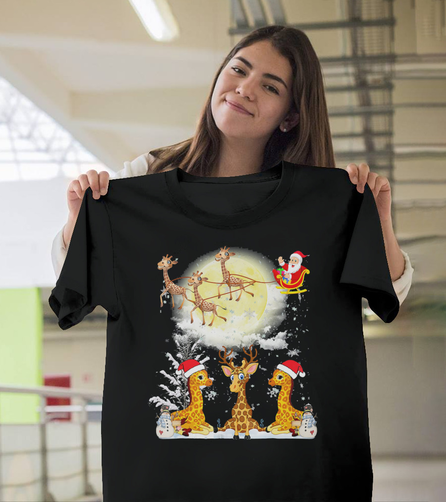 Santa's Sleigh Giraffes Christmas Moon Snowy Night Scene T-Shirt
