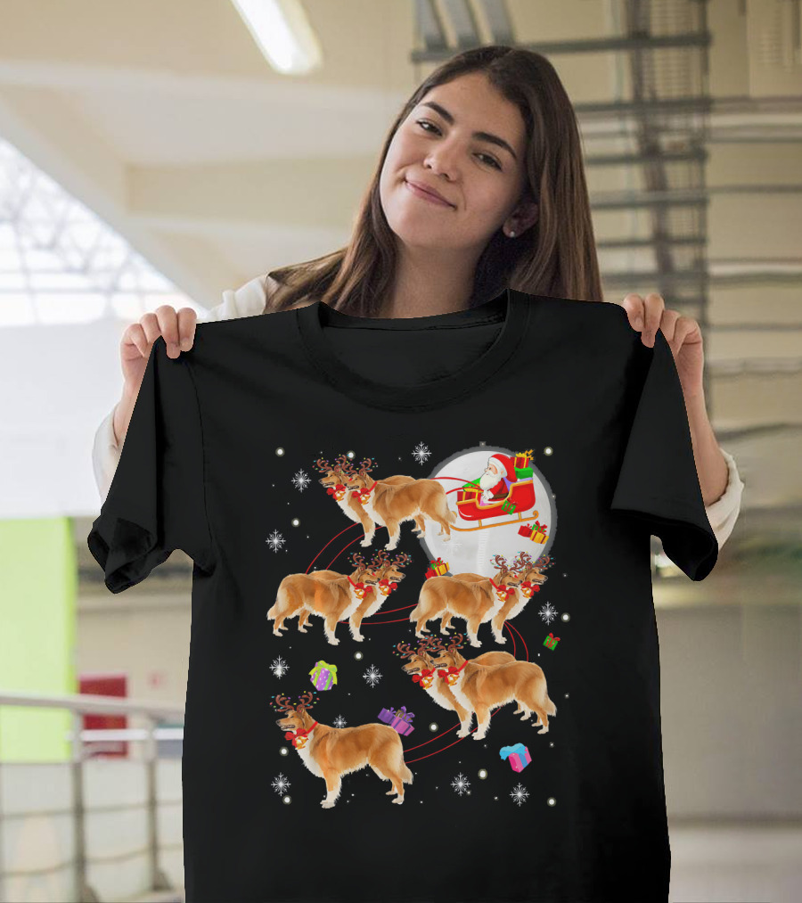 Rough Collie Reindeer Christmas Santa Sleigh Presents Snowflakes T-Shirt