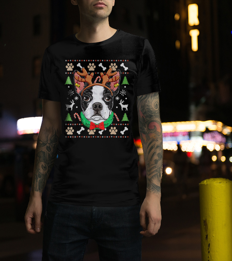 Boston Terrier Christmas Reindeer Antlers Candy Canes Snowflakes Paw Prints T-Shirt