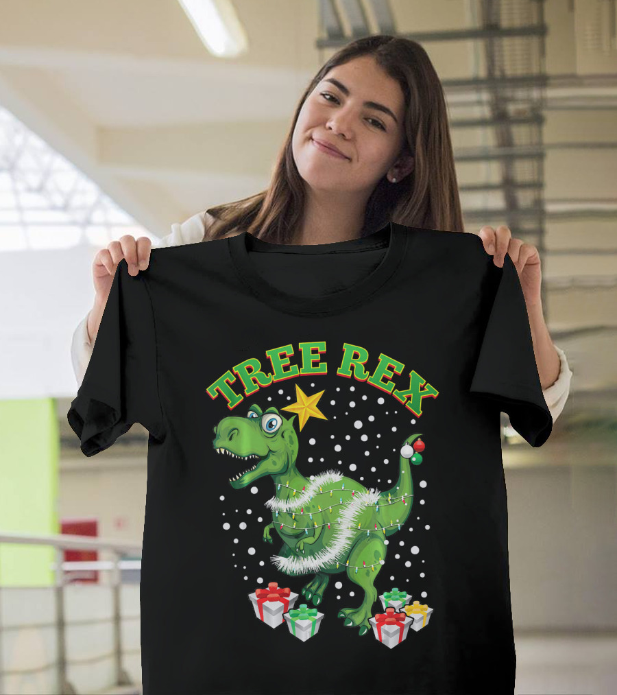 Tree Rex Dinosaur Wrapped in Christmas Lights with Presents and Snowflakes T-Shirt