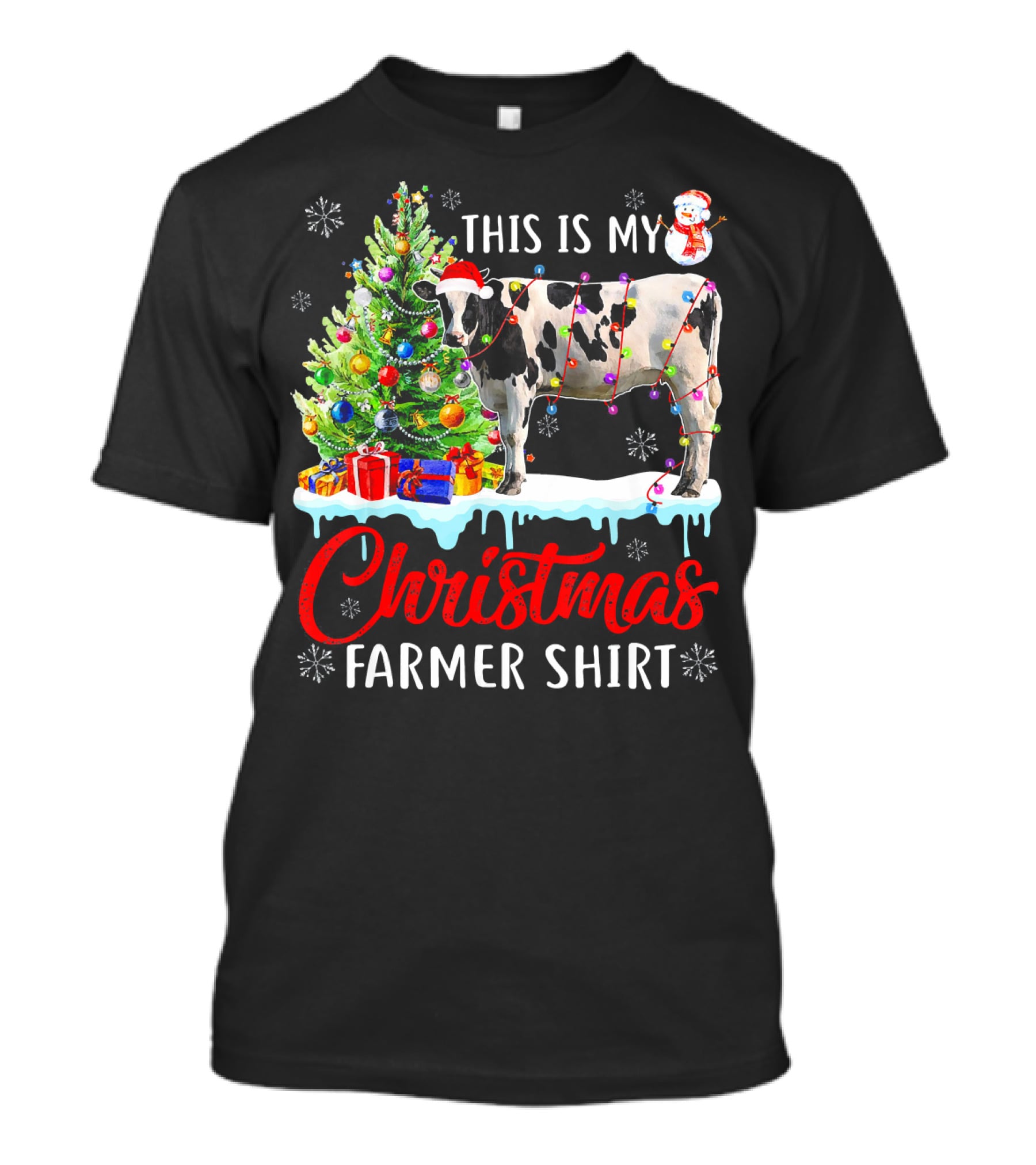 This Is My Christmas Farmer Shirt Cow Santa Hat Snowman Lights Tree T-Shirt