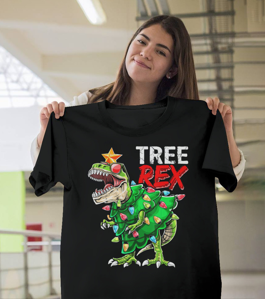 Tree Rex Dinosaur Christmas Tree With Festive Lights And Star T-Shirt