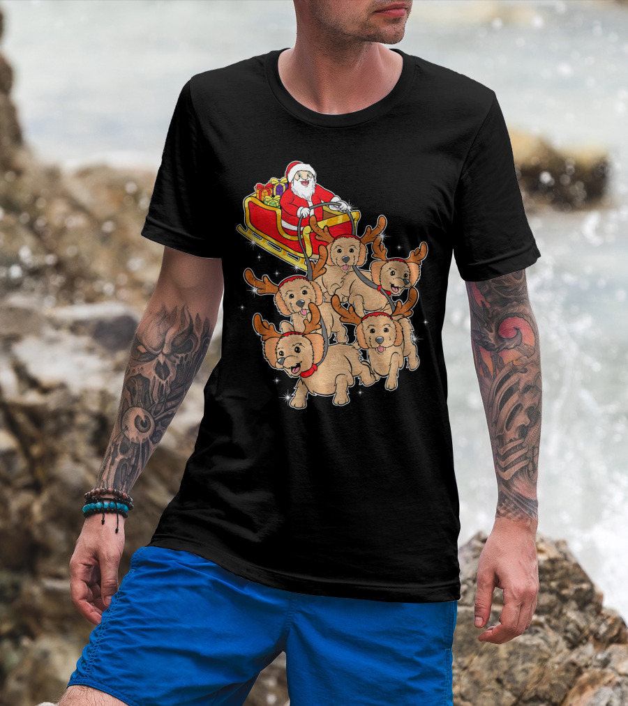 Santa Riding Sleigh With Adorable Goldendoodles As Reindeer T-Shirt