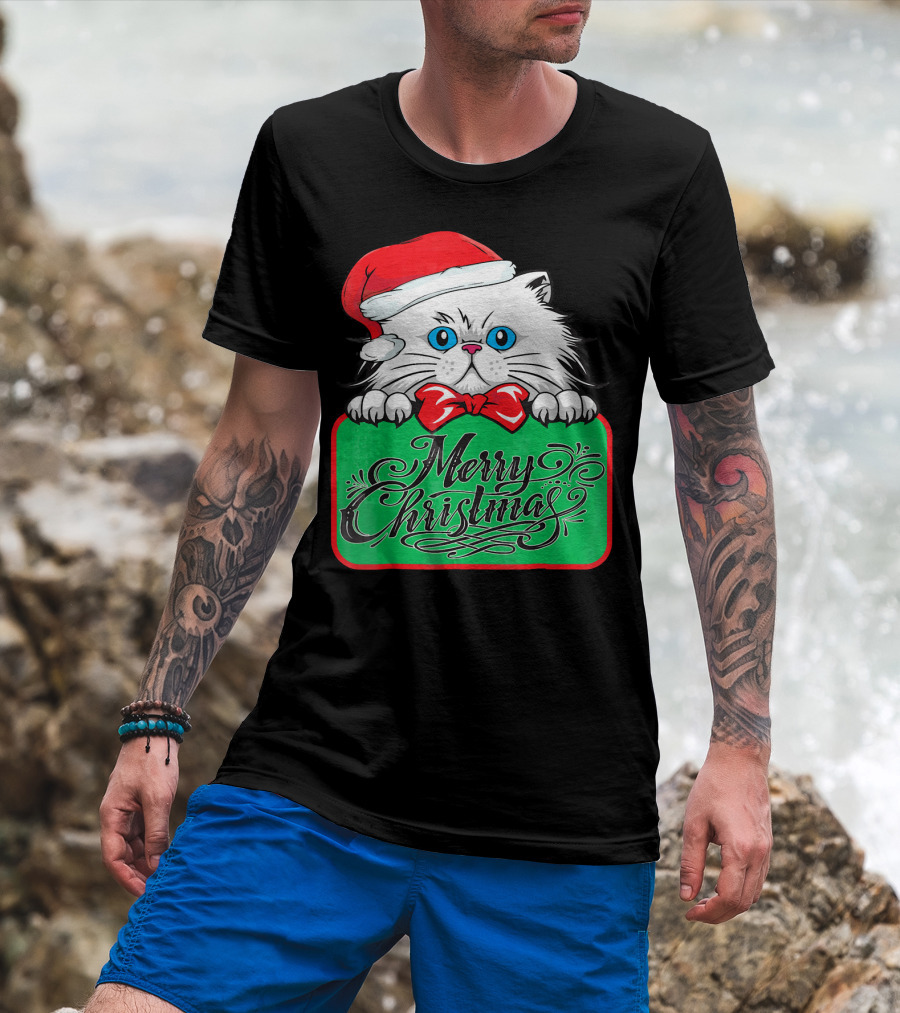 Merry Christmas Cute Cat With Santa Hat And Bow Tie T-Shirt