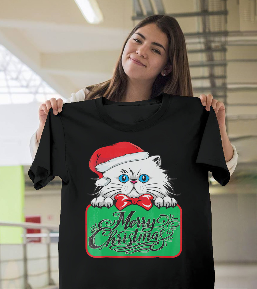 Merry Christmas Cute Cat With Santa Hat And Bow Tie T-Shirt