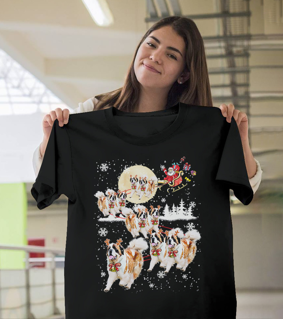 St Bernard Reindeer Christmas Santa Sleigh Nice Dog T-Shirt
