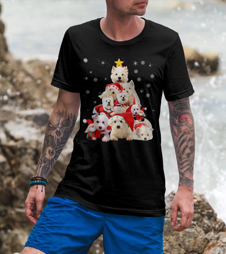 Westie Dogs In Holiday Hats Forming Christmas Tree With Snowflakes And Star T-Shirt
