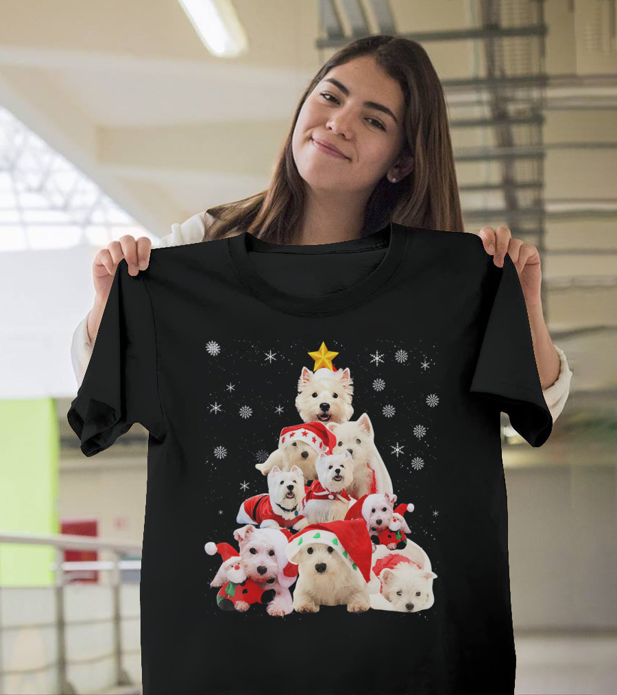 Westie Dogs In Holiday Hats Forming Christmas Tree With Snowflakes And Star T-Shirt
