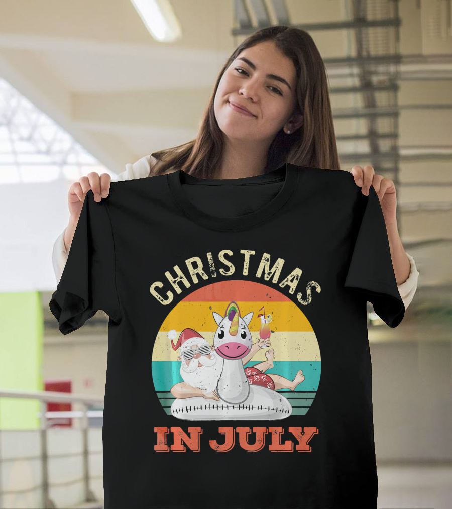 Christmas In July Vintage Santa With Inflatable Unicorn And Drink T-Shirt