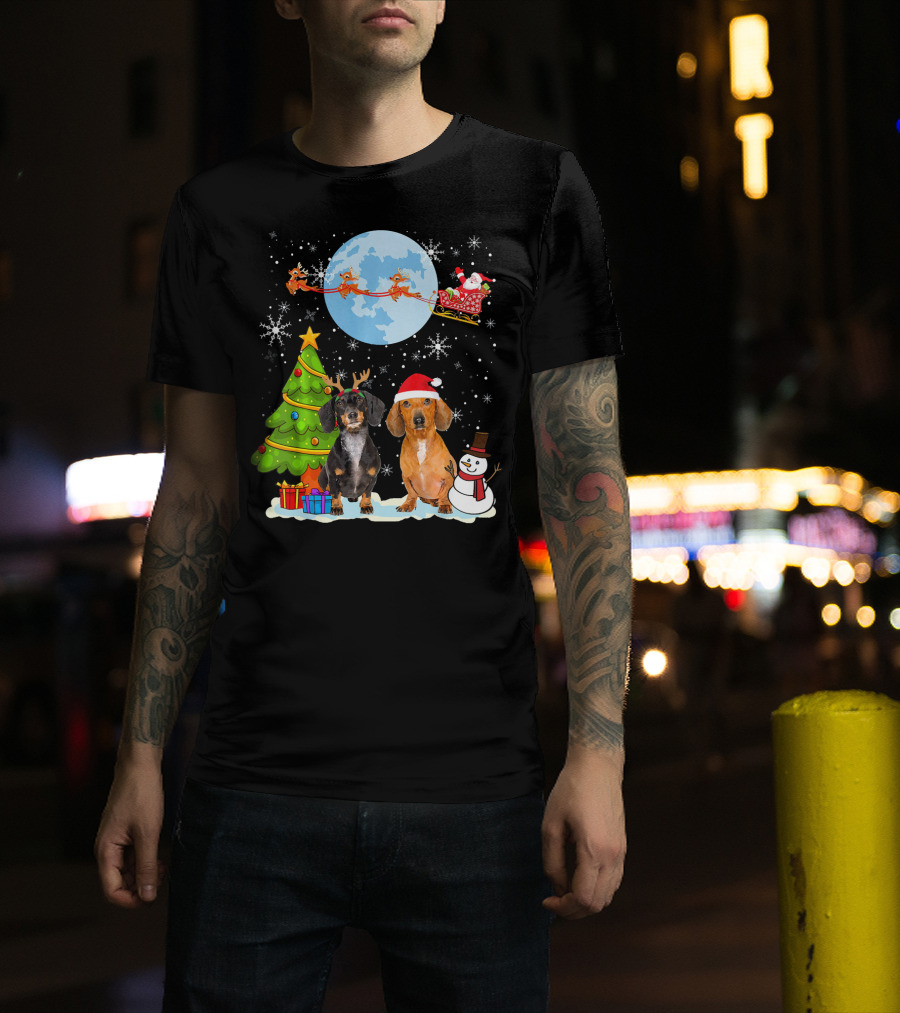 Funny Dachshund Christmas Santa Moon Reindeers Tree Snowman T-Shirt