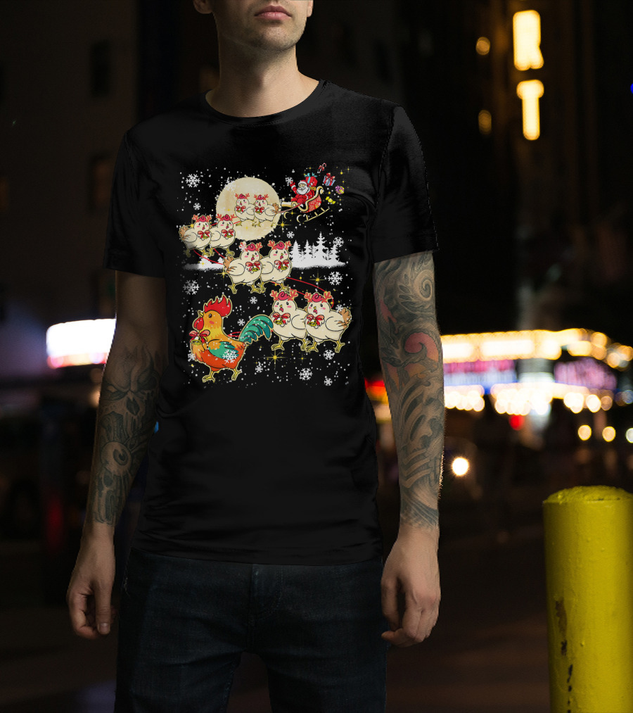 Chicken Reindeer Christmas Santa Sleigh With Snowflakes And Nice Chicken T-Shirt