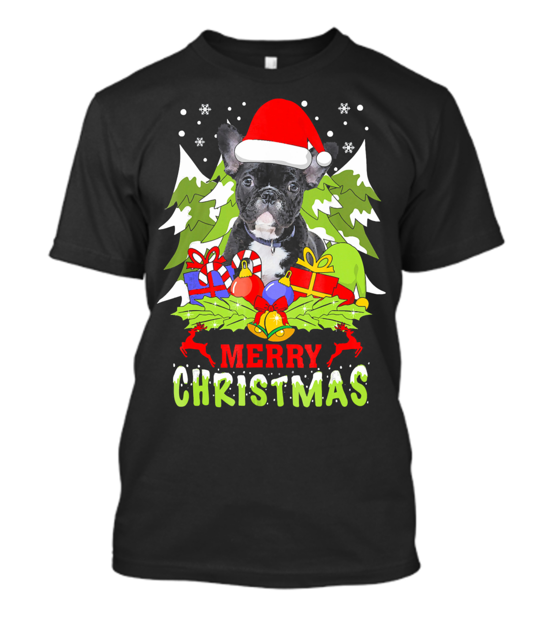 Merry Christmas French Bulldog Santa Hat Gifts Snowflakes T-Shirt