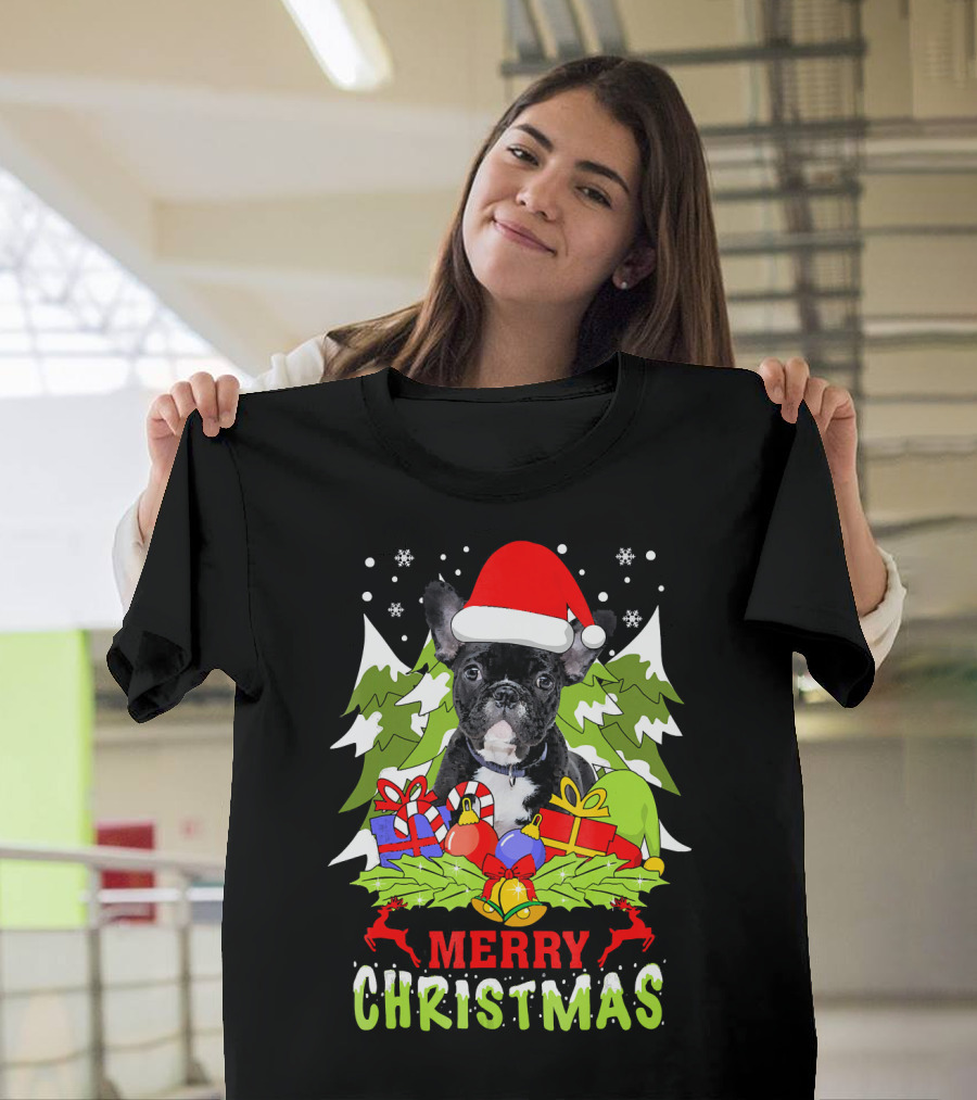 Merry Christmas French Bulldog Santa Hat Gifts Snowflakes T-Shirt