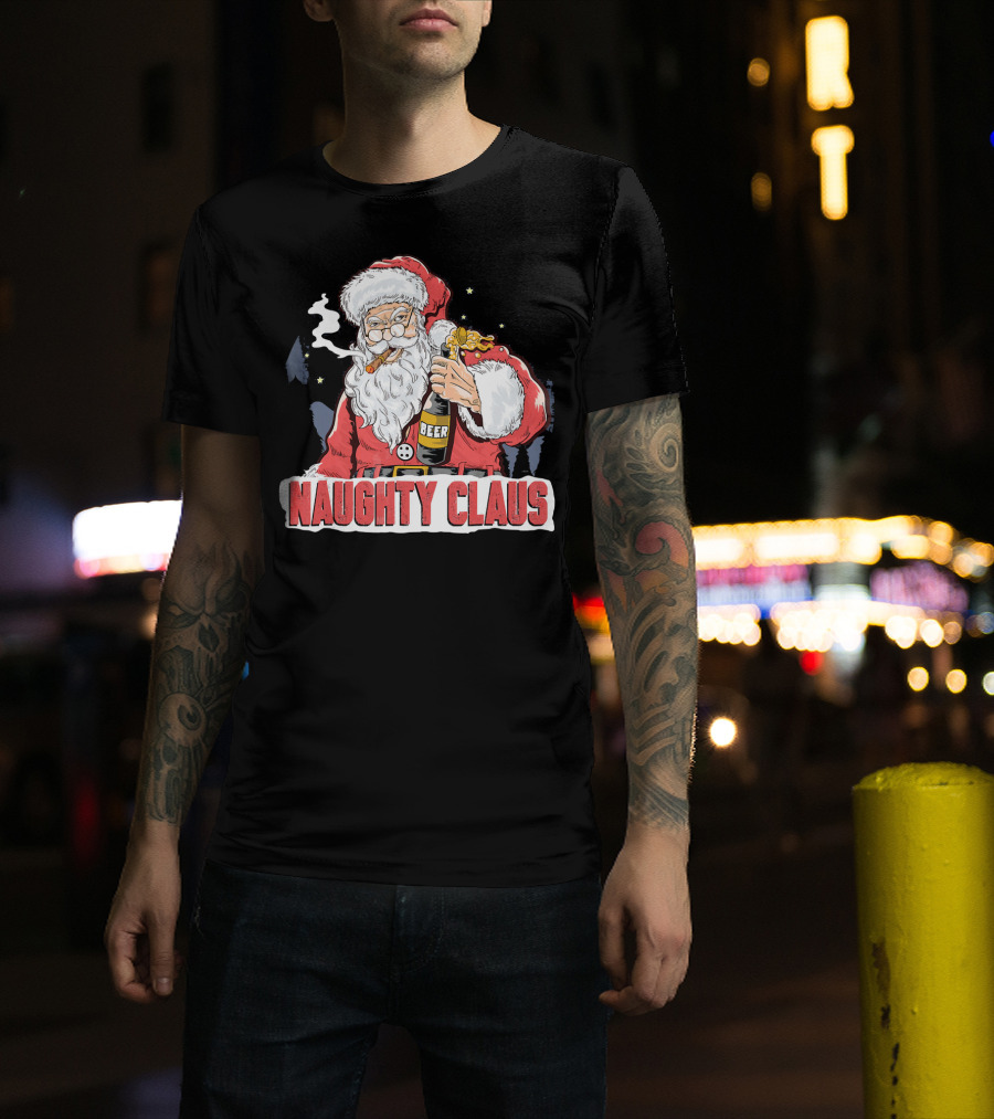 Naughty Claus Santa With Beer Funny Humor XMAS T-Shirt