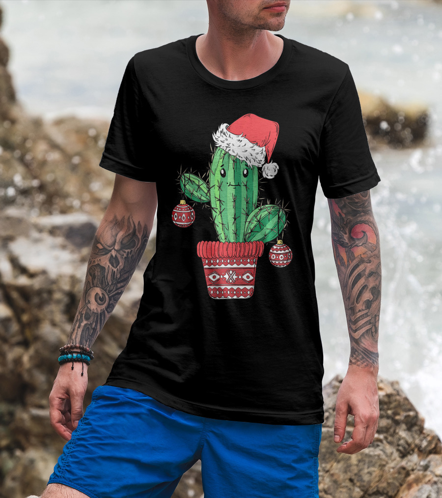 Cactus Christmas Tree Santa Hat Festive Ornaments T-Shirt