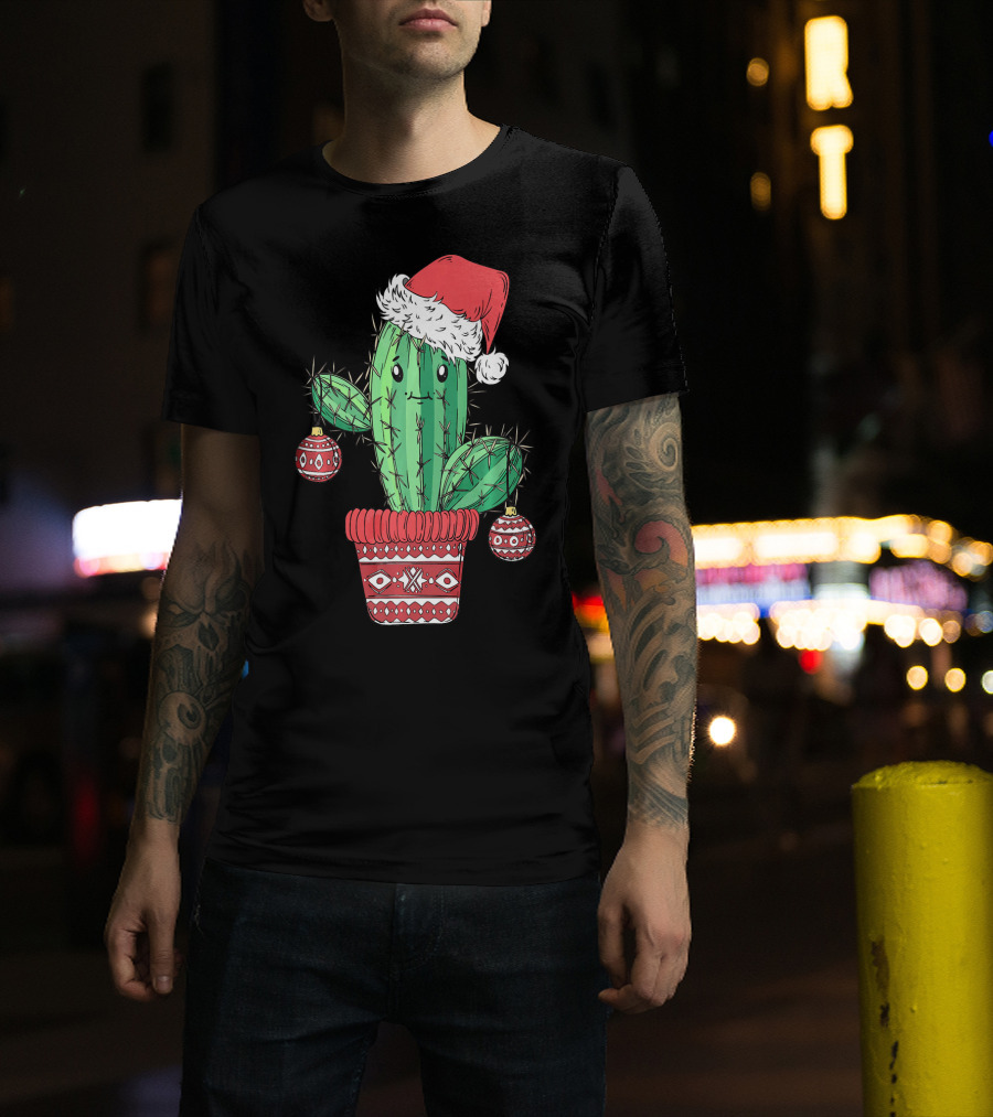 Cactus Christmas Tree Santa Hat Festive Ornaments T-Shirt
