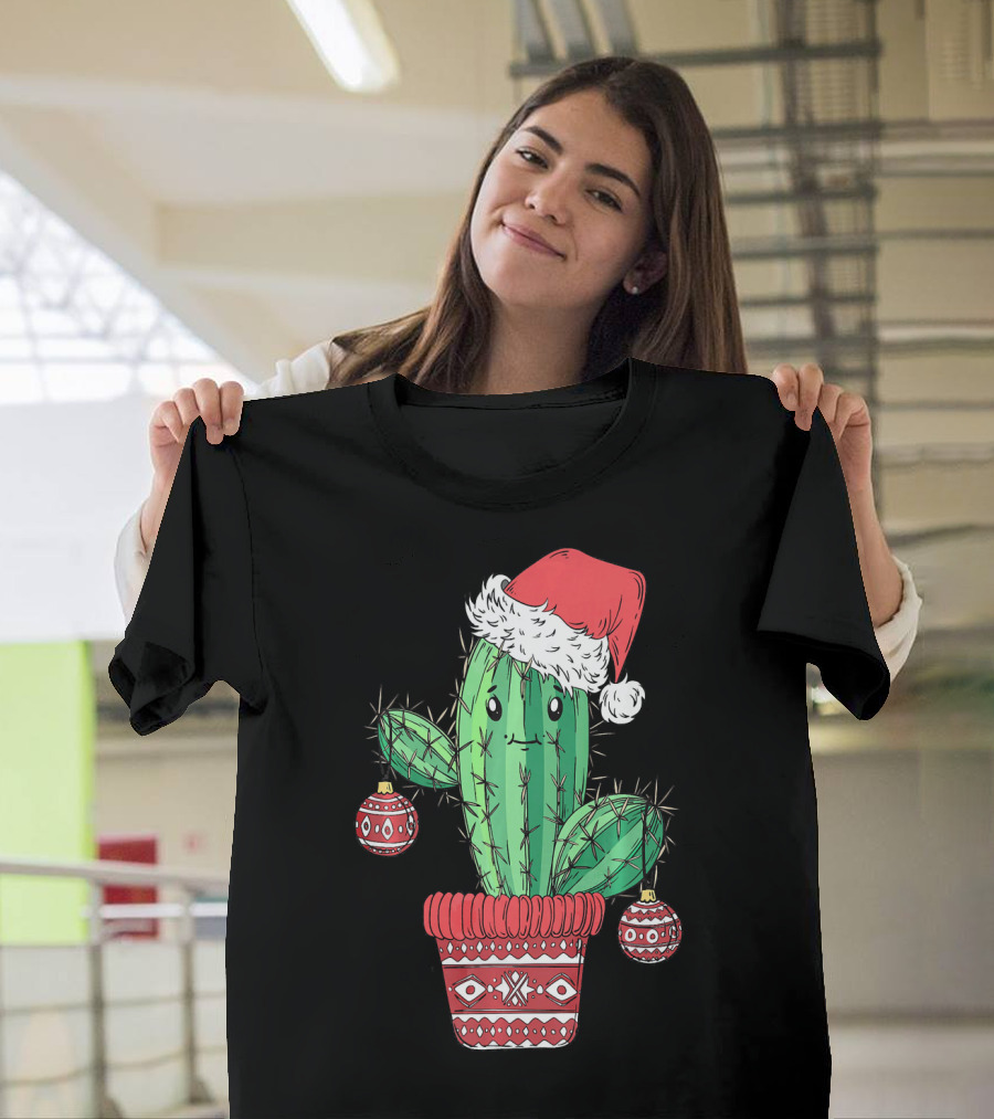 Cactus Christmas Tree Santa Hat Festive Ornaments T-Shirt