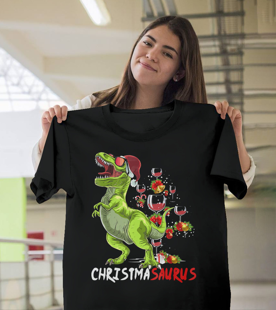 Christmasaurus T-Rex Santa Hat Wine Ornaments T-Shirt
