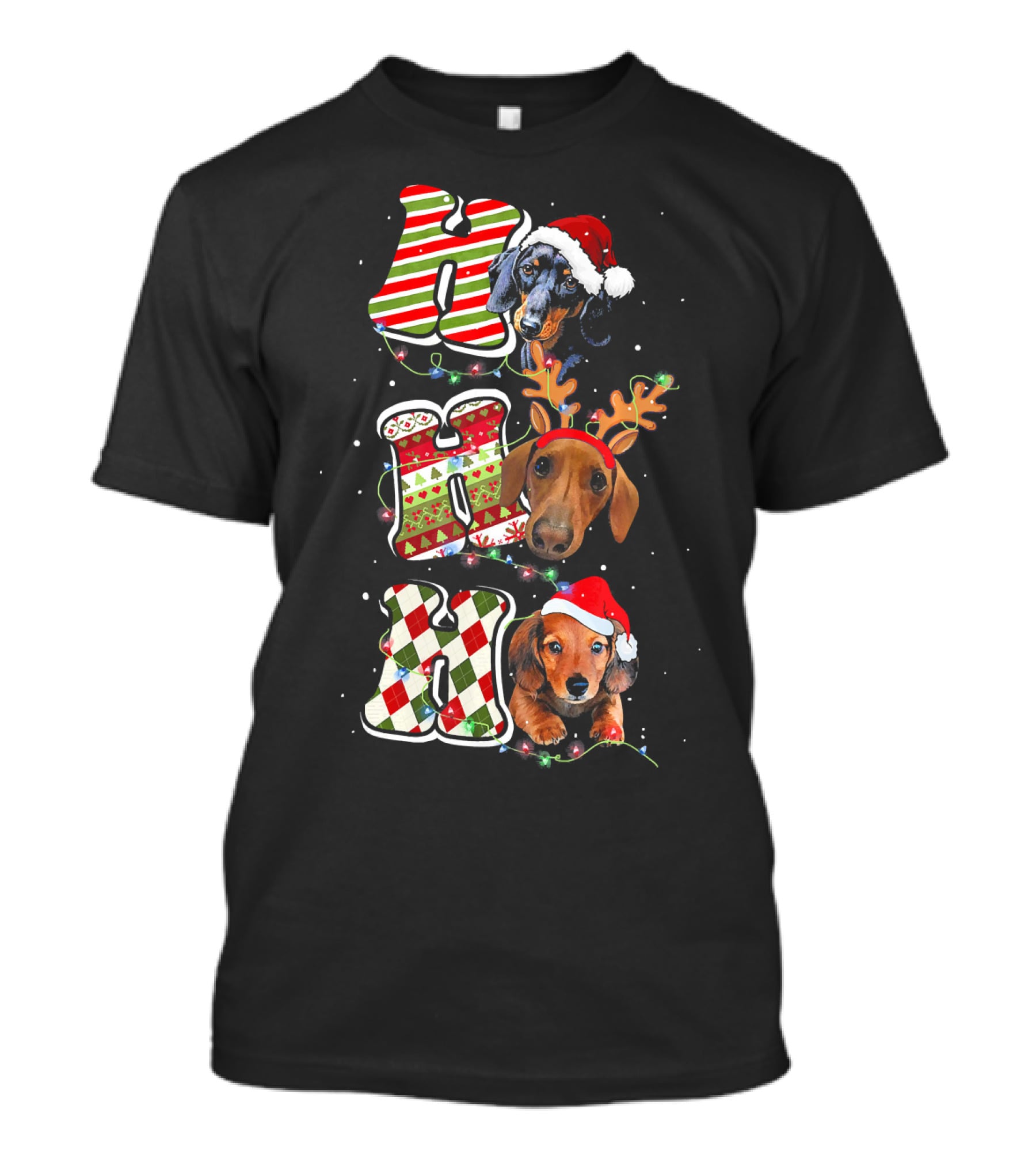 Dachshund Ho Ho Ho Christmas Reindeer Lights Santa Hat T-Shirt