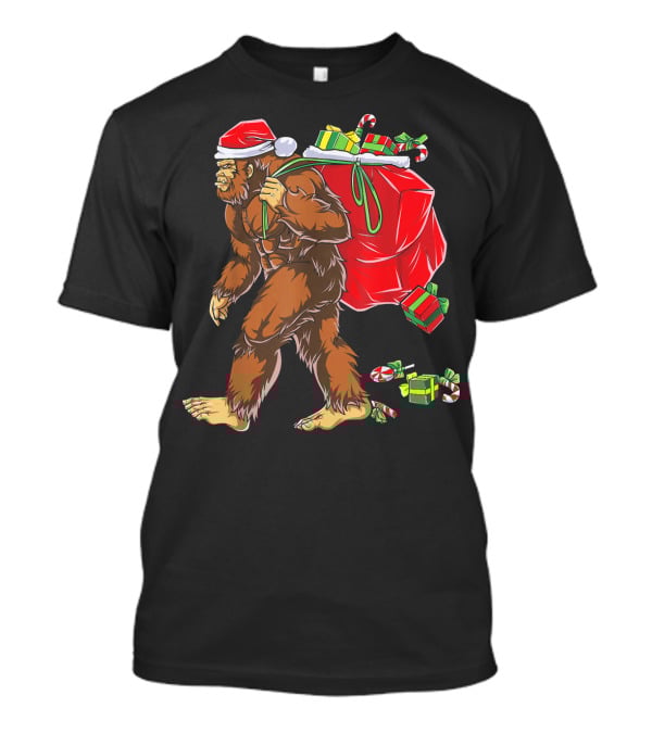Bigfoot Santa Hat Carrying Christmas Presents And Candy Canes T-Shirt